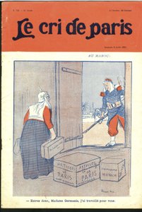 Illustration von Ricardo Flores (1878-1918) für das Titelblatt von Le Cri de Paris, 09/07/11 - „Treten Sie ein, liebe Dame, ich habe für Sie gearbeitet.“ - Deutschland Preußen, Marokko, Maghreb - Germania