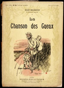 Alter Mann und kleiner Junge, tragen Reiseknoten und in Lumpen gewickelte Schuhe, auf einer Straße, Illustration von Ricardo Flores (gestorben 1918), für das Titelbild der Text- und Gedichtsammlung "La chanson des gueux", von Jean Richepin (1849-1926), dem von Ricardo Flores