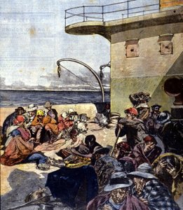 Italienische Auswanderung nach Kanada; die Reise an Bord der Lake Megantic erfolgte unter ziemlich schwierigen Bedingungen. Ill. von R. Pellegrini. La Domenica del corriere. 02/06/1901.