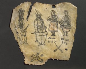 Menschliche Haut, tätowiert mit Figuren, wahrscheinlich Französisch von John Pardon
