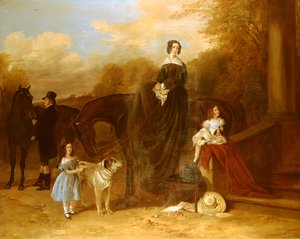 Eine Familie mit ihren Jägern und Hunden vor einem Herrenhaus von Richard Ansdell