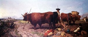 Pflügen in Spanien, Mittagsruhe mit Sevilla im Hintergrund von Richard Ansdell