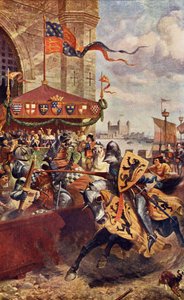 Feierliches Turnier auf der London Bridge zwischen David de Lyndsays und Lord John de Welles im Jahr 1390, Illustration aus 
