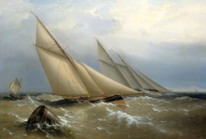 Eine Schoner- und Kutteryacht rundet eine Boje