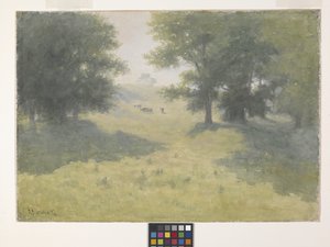 Landschaft mit Kühen und Hügel