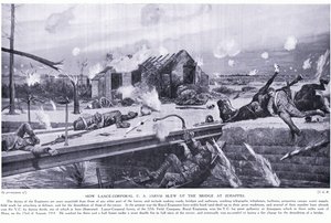 Wie Lance Corporal C A Jarvis eine Brücke bei Jemappes in der Nähe von Mons sprengte und das Victoria-Kreuz gewann, August 1914 von Richard Caton Woodville junior