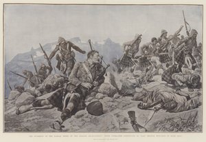 Der Sturm auf den Dargai-Kamm durch die Gordon Highlanders, Piper Findlater spielt weiter, obwohl er an beiden Beinen verwundet ist