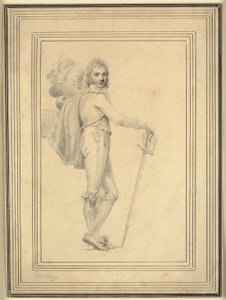 Ganzkörperporträt eines Gentlemans mit Schwert in einer Hand und einem Federhut in der anderen von Richard Cosway