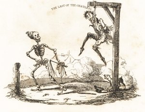 Vignette eines Skeletts und eines Mannes, der an einem Galgen hängt, 1827