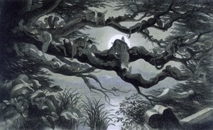 Feen, Nymphen und Elfen ruhen sich im Mondschein auf einem Ast aus? Illustration aus "In Fairy Land. A series of pictures from the elf-world" von Richard Doyle 1869-1870