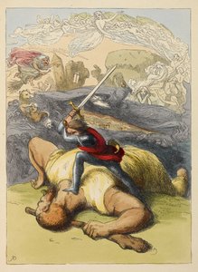 Jack steht auf dem Körper eines Riesen, mit erhobenem Schwert. Farbige Illustration in einem Kinderbuch. von Richard Doyle