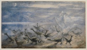 Mondlandschaft mit einer Hexe und jungen Drachen, 1876