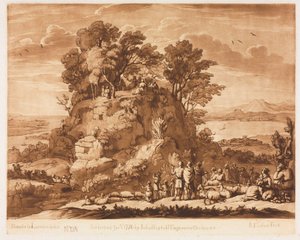 Liber Veritatis: Nr. 138, Ein Blick auf das Meer mit Christus, der auf dem Berg predigt (das Wasser unten könnte wahrscheinlich für das Meer von Tiberius stehen)
