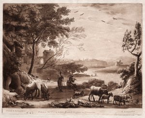 Liber Veritatis: Nr. 42, Eine Flusslandschaft mit einem Hirten und einer Hirtin und einer Herde von Rindern von Richard Earlom
