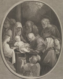 Die Beschneidung Christi, eine Gruppe von Männern und Frauen um ihn herum, ein Engel im Vordergrund von Richard Earlom