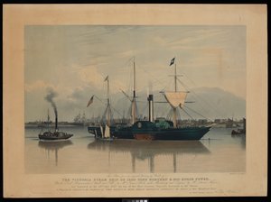 Diese Platte, von einem Originalgemälde von Ward, des Victoria-Dampfschiffs, von 1200 Tonnen Last und 400 Pferdestärken... gestartet am 20. Juni 1837... von Richard G. Reeve