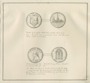 Lichfield - Medaillen der Kathedrale von Lichfield und des Stadtwappens, und ein Porträt von Richard Greene: Federzeichnung, undatiert [frühes 19. Jahrhundert]