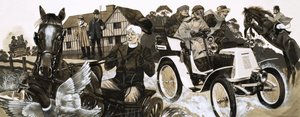Ein lautes neues Auto erschreckt Dorfbewohner und ihre Pferde von Richard Hook