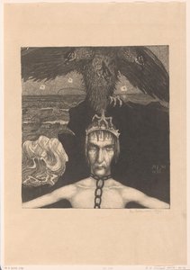 Geketteter Mann mit dreiköpfigem Raubvogel auf dem Kopf von Richard Nicolaüs Roland Holst