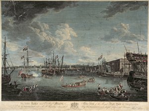 Ansicht der königlichen Werft in Deptford, graviert von William Woollett, veröffentlicht am 1. Juli 1793