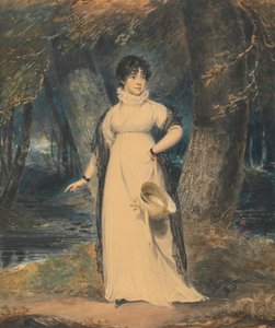 Landschaft mit Porträt einer Dame, Ganzfigur, einen Hut haltend