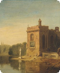 Ein See mit einem Pavillon und einer Statue, Italien von Richard Wilson