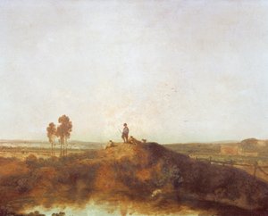 Ein Teich mit Figuren auf einem Hügel von Richard Wilson