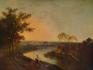 Ein englischer Fluss bei Sonnenuntergang, in der Ferne die walisischen Hügel, ca. 1760, 1938