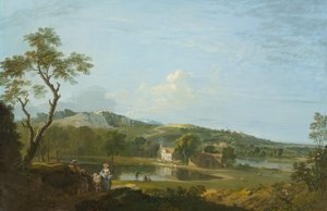Eine weite Landschaft mit Hütten in der Nähe eines Sees, ca. 1744-1745 von Richard Wilson