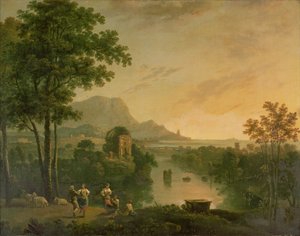 Küstenlandschaft am Abend mit tanzenden Hirten und Hirtinnen