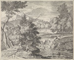 Arkadische Landschaft mit zwei Figuren bei einem Wasserfall von Richard van Orley (II)