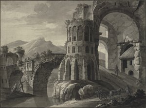 Architektonische Fantasie. Ruine einer antiken Brücke, flankiert von mittelalterlichen Türmen