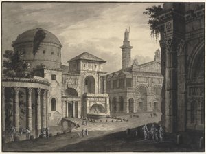 Architektonische Fantasie einer antiken Stadt mit einem Platz und vielen Gebäuden, einige teilweise in Ruinen von Robert Adam