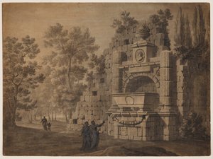 Capriccio mit antiken Figuren zwischen zerstörten klassischen Monumenten von Robert Adam