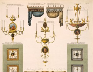 Entwürfe für Vorhangkarniesen, Girandolen und Falttüren, 1774 Druck (Detail)