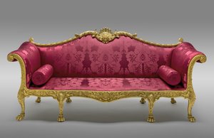 Das Dundas-Sofa, in Auftrag gegeben 1764, hergestellt 1765 (vergoldete Kiefer und Buche, mit späterer Seidenpolsterung) von Robert Adam