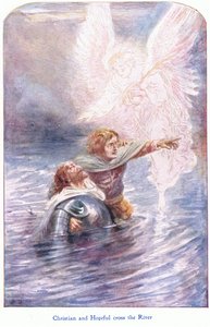 Christian und Hopeful überqueren den Fluss, aus The Pilgrims Progress veröffentlicht von John F Shaw & Co, ca. 1900