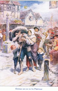 Christian bricht zu seiner Pilgerreise auf, aus The Pilgrims Progress, veröffentlicht von John F Shaw & Co, um 1900 von Robert Ambrose Dudley