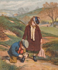 Ein Freund in der Not, ein Junge bindet einem Mädchen die Schuhe zu von Robert Barnes