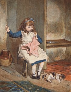 Mädchen näht mit Katze zu ihren Füßen von Robert Barnes