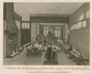 Ein Innenansicht der Schule, die mit und unter einem Teil dessen verbunden ist, was früher John Bunyans Versammlungshaus war von Robert Blemell Schnebbelie