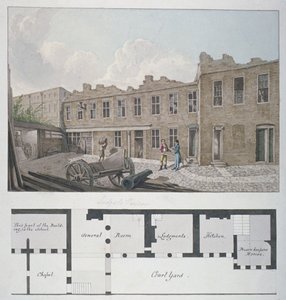 Ludgate-Gefängnis mit einem Plan des Londoner Arbeitshauses, Bishopsgate, darunter, City of London, 1818 von Robert Blemmell Schnebbelie