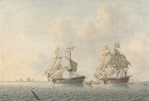 Ein englisches Kriegsschiff nimmt ein Schiff in Besitz