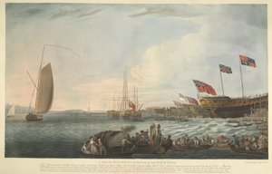 Ansicht von Blackwall, mit einem Teil der Werft, beim Stapellauf der Bombay Castle, 74 Kanonen, gebaut auf Kosten der Hon. East India Company und von ihnen Seiner Majestät im Juni 1782 geschenkt von Robert Dodd