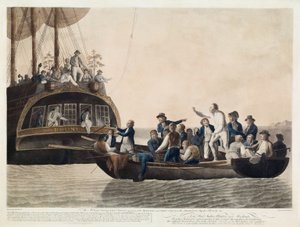 Die Meuterer setzen Leutnant Bligh und einen Teil der Offiziere und Besatzung aus, 29. April 1789, veröffentlicht 1790 von Robert Dodd