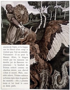 Tristan kämpft mit einem Drachen - in „Der Roman von Tristan und Iseult“ von J. Bédier, illustriert von Robert Engels, Kunstedition, Paris