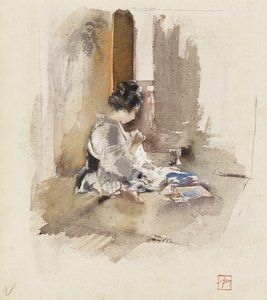 Japanisches Mädchen beim Nähen, 1890 von Robert Frederick Blum