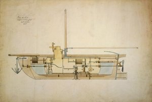 Originalzeichnung des Nautilus, des ersten Unterseeboots (U-Boot), präsentiert von seinem Erfinder Robert Fulton (1765-1815) dem amerikanischen Senat im Jahr 1806
