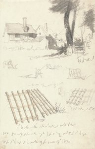 Studien von Bauernhäusern an einem Tor, Pflügen und Eggen von Robert Hills