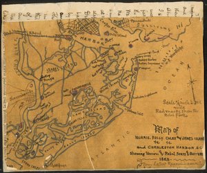 Karte von Morris, Folly, Coles und James Island(s) usw. und Charleston Harbor S.C., zeigt Union- und Rebellenforts und Batterien, 1864 von Robert Knox Sneden